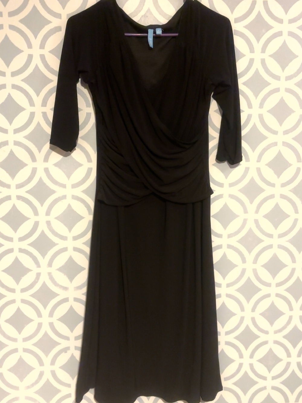 Black Maxi Draped V-Neck Dress with Three-Quarter Sleeves